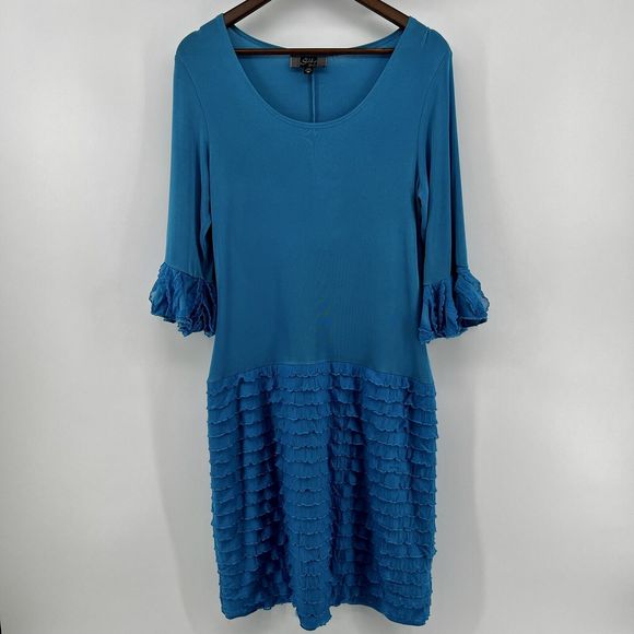 Slinky Brand Sz M Turquoise Blue Tiered Ruffled Slinky‎ Knit Dress 3/4 Sleeve - Picture 1 of 11